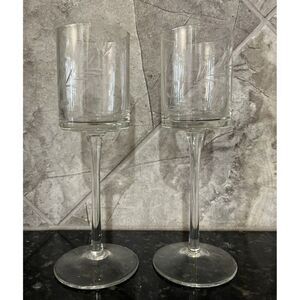 Long Stem Tall Crystal Pillar Votive Candle Holder Etched Flowers Set of 2